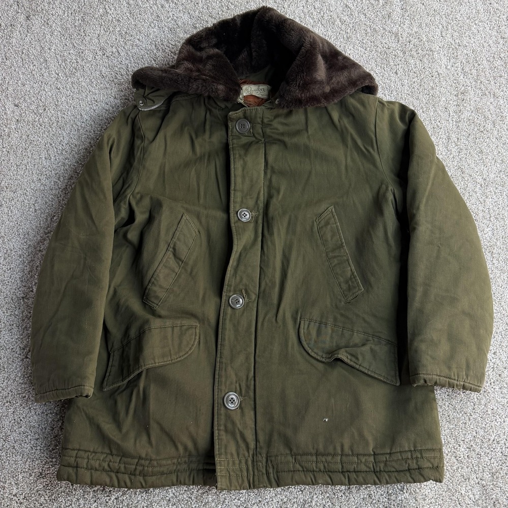 Vintage 50s 60s Parka Coat Mens Large Green Canvas Insulated Hooded Fur Collar